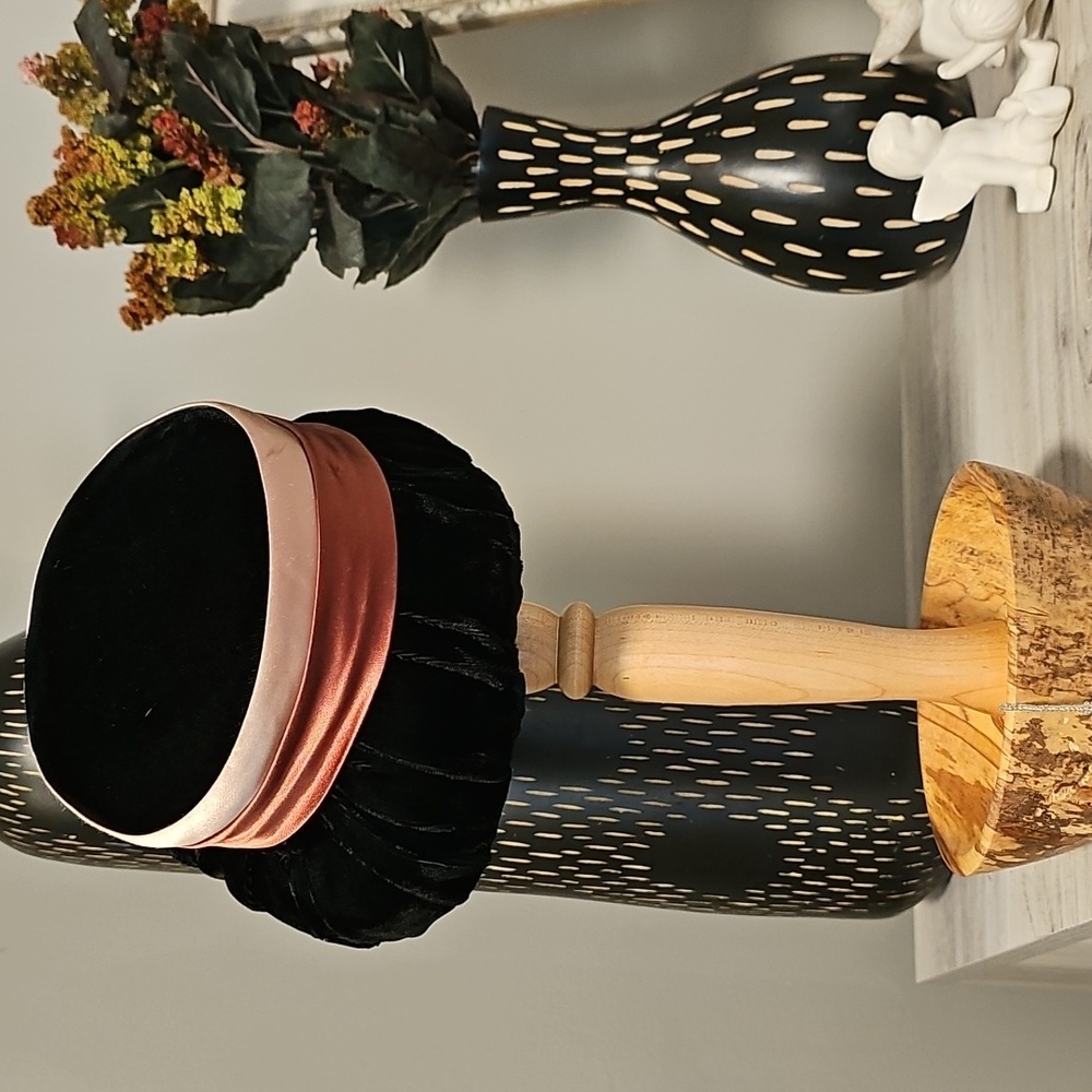 Delman Vintage Black Velvet Hat with Multi-color Satin Ribbons, Women's Small